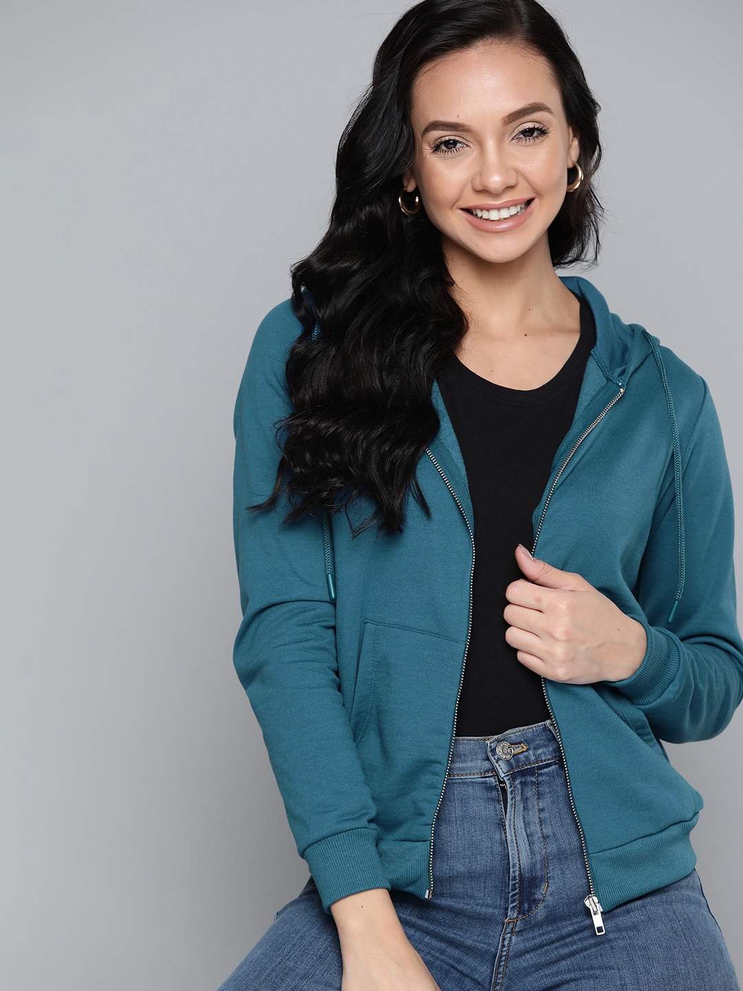 

Mast & Harbour Women Teal Blue Solid Hooded Sweatshirt