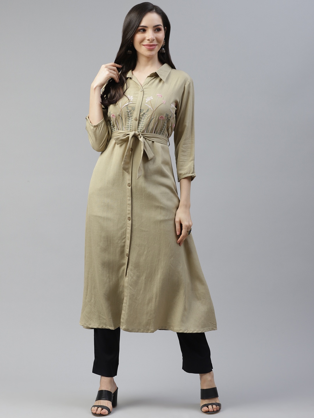 

Yufta Women Olive Floral Hand Embroidery Yoke Design Kurta