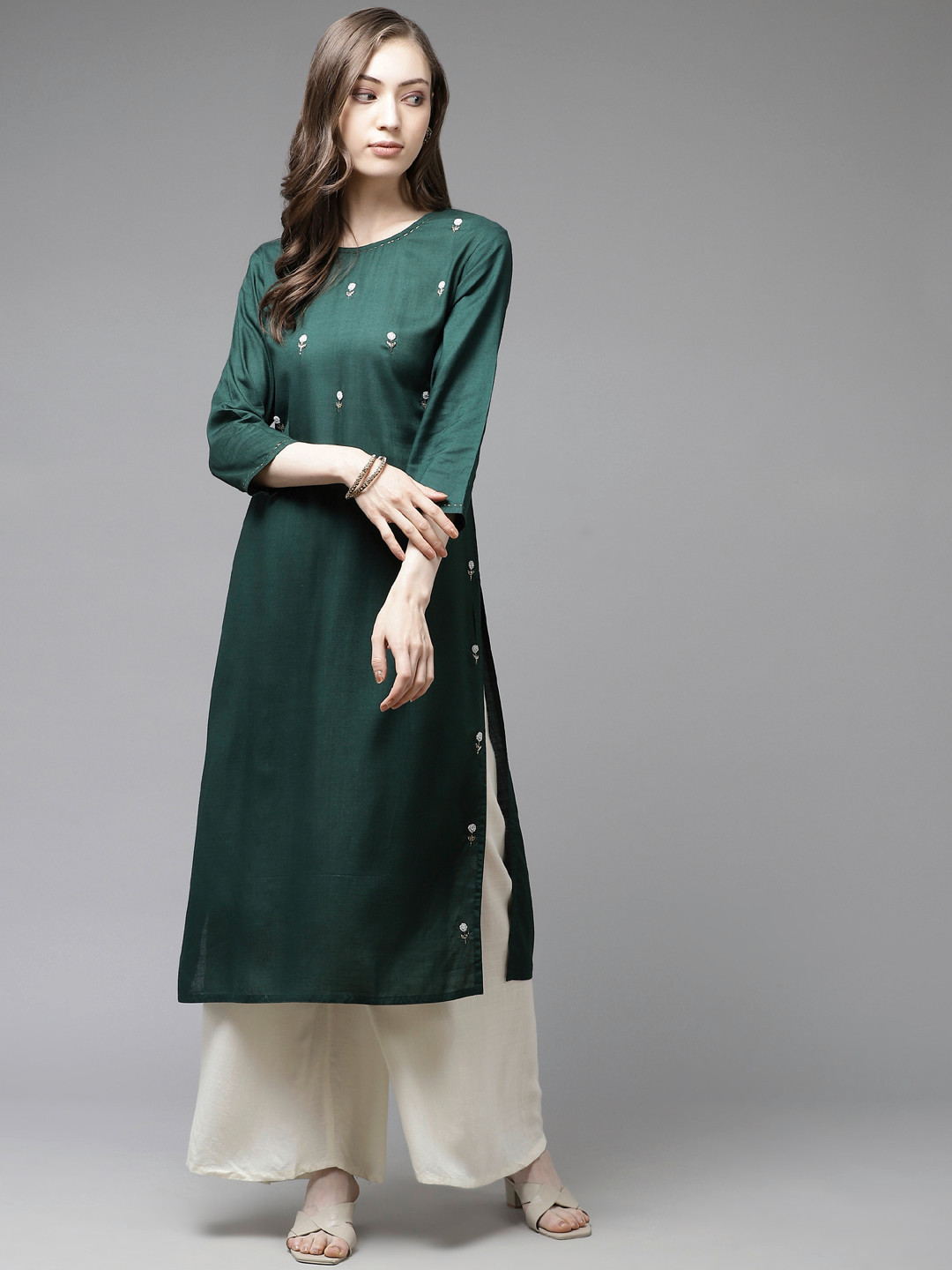 

Yufta Women Green Solid Kurta With Beads Detailing