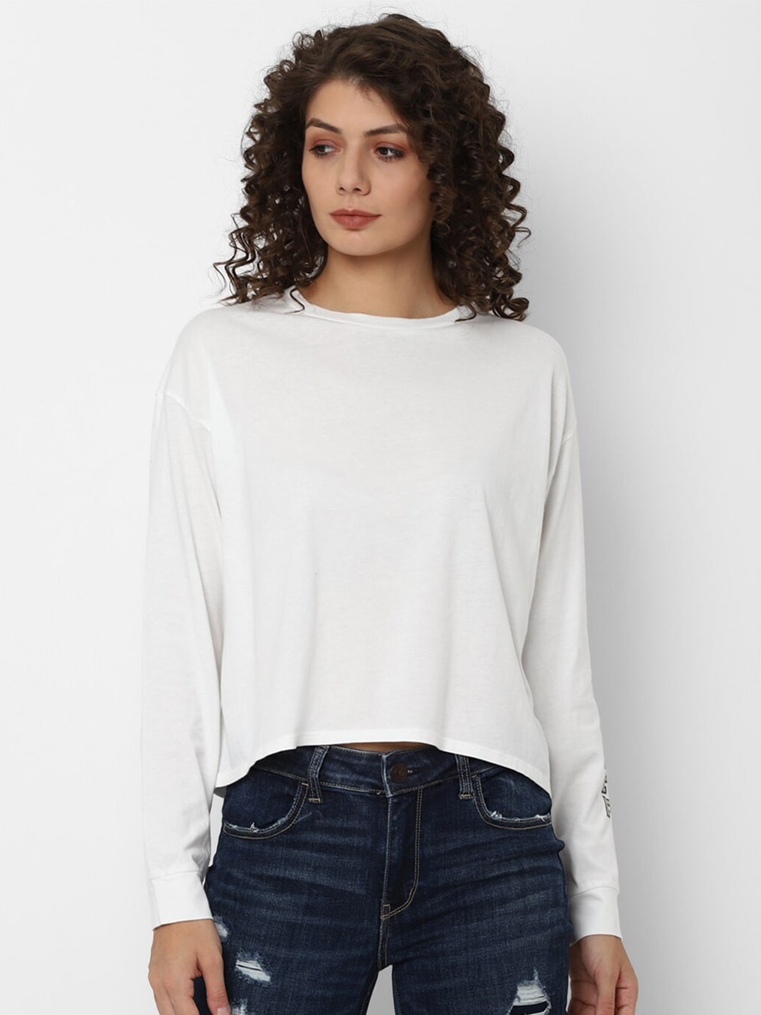

AMERICAN EAGLE OUTFITTERS Women White Drop-Shoulder Sleeves T-shirt
