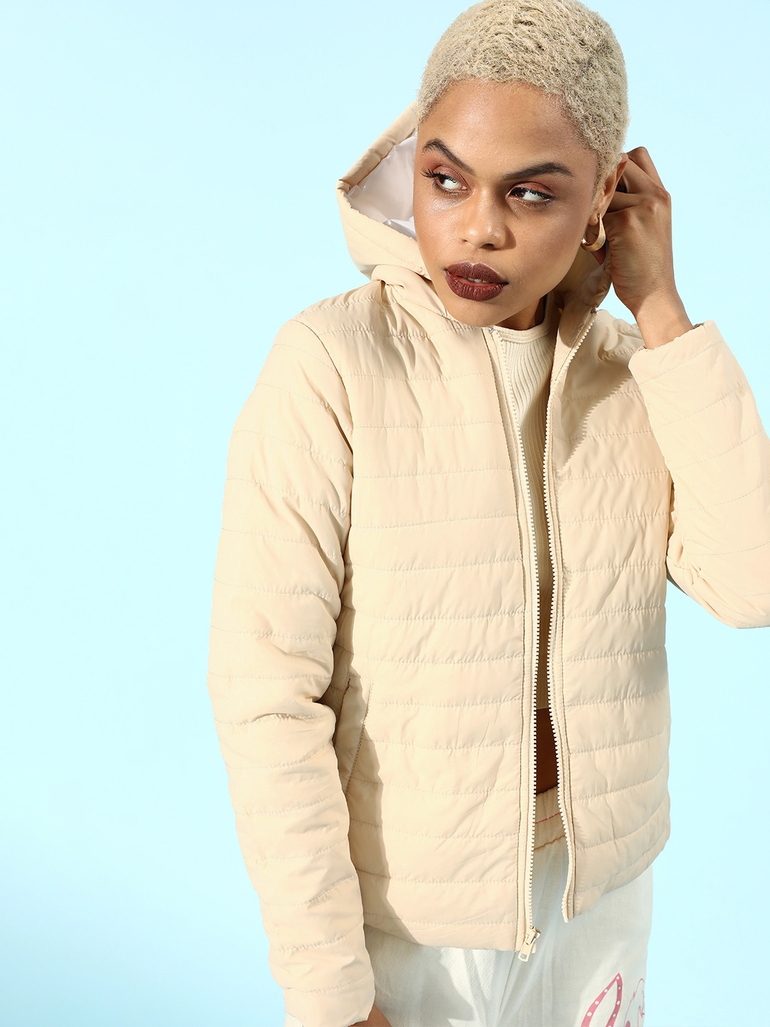 

her by invictus Women Beautiful Off White Solid Quilted Jacket