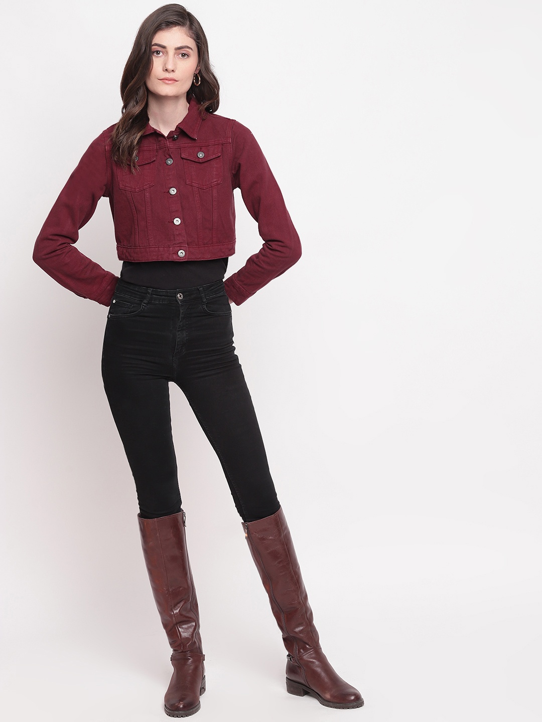 

Belliskey Women Maroon Crop Denim Jacket