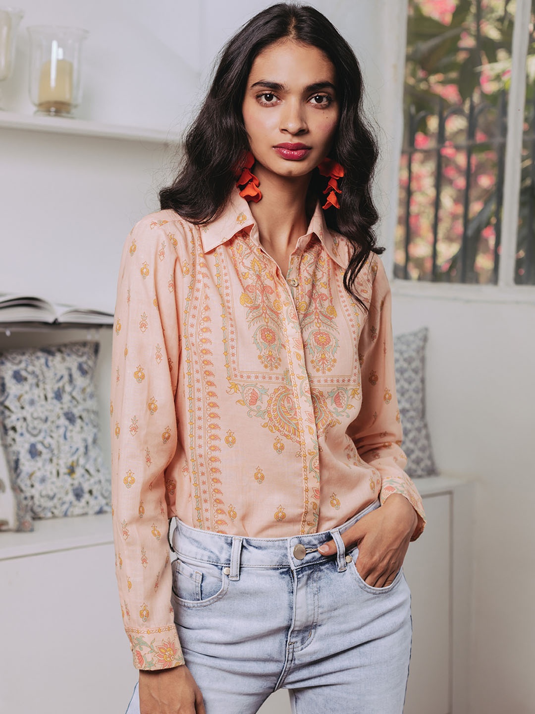

aarke Ritu Kumar Women Peach Colored Ethnic Motifs Print Casual Shirt