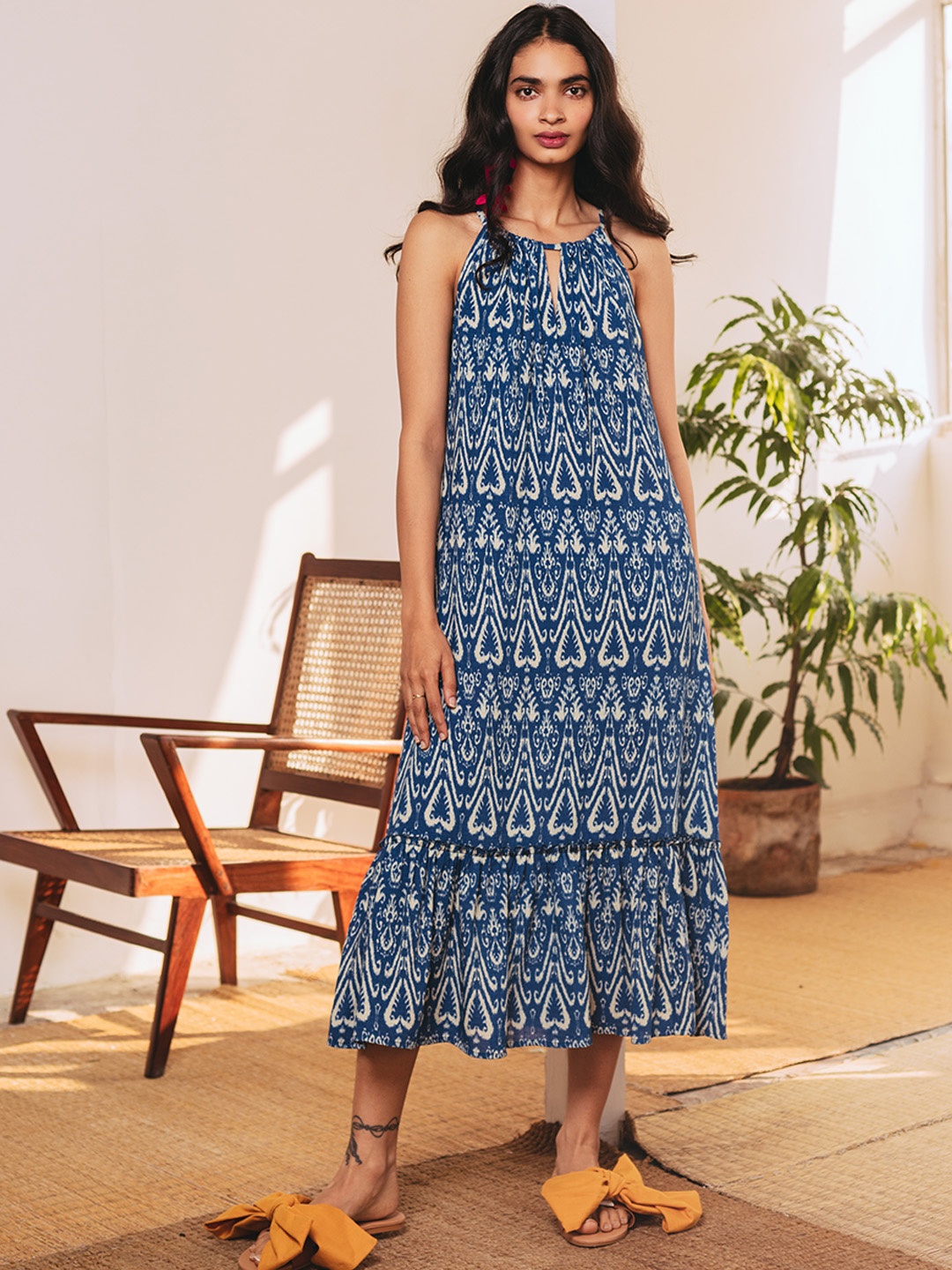 

aarke Ritu Kumar Blue & Off White Ethnic Motifs A-Line Midi Dress