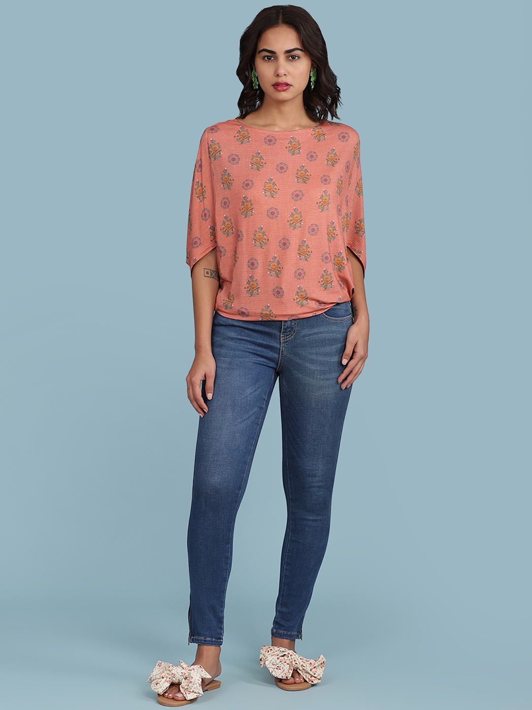 

aarke Ritu Kumar Peach Colored & Navy Blue Ethnic Motifs Print Batwing Sleeve Regular Top
