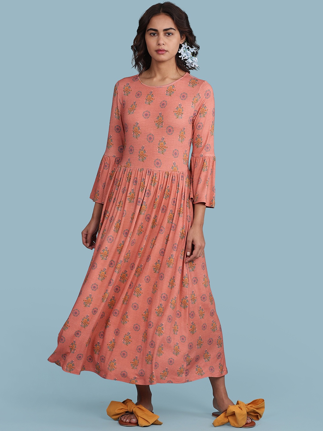 

aarke Ritu Kumar Peach-Coloured & Blue Ethnic Motifs A-Line Midi Dress