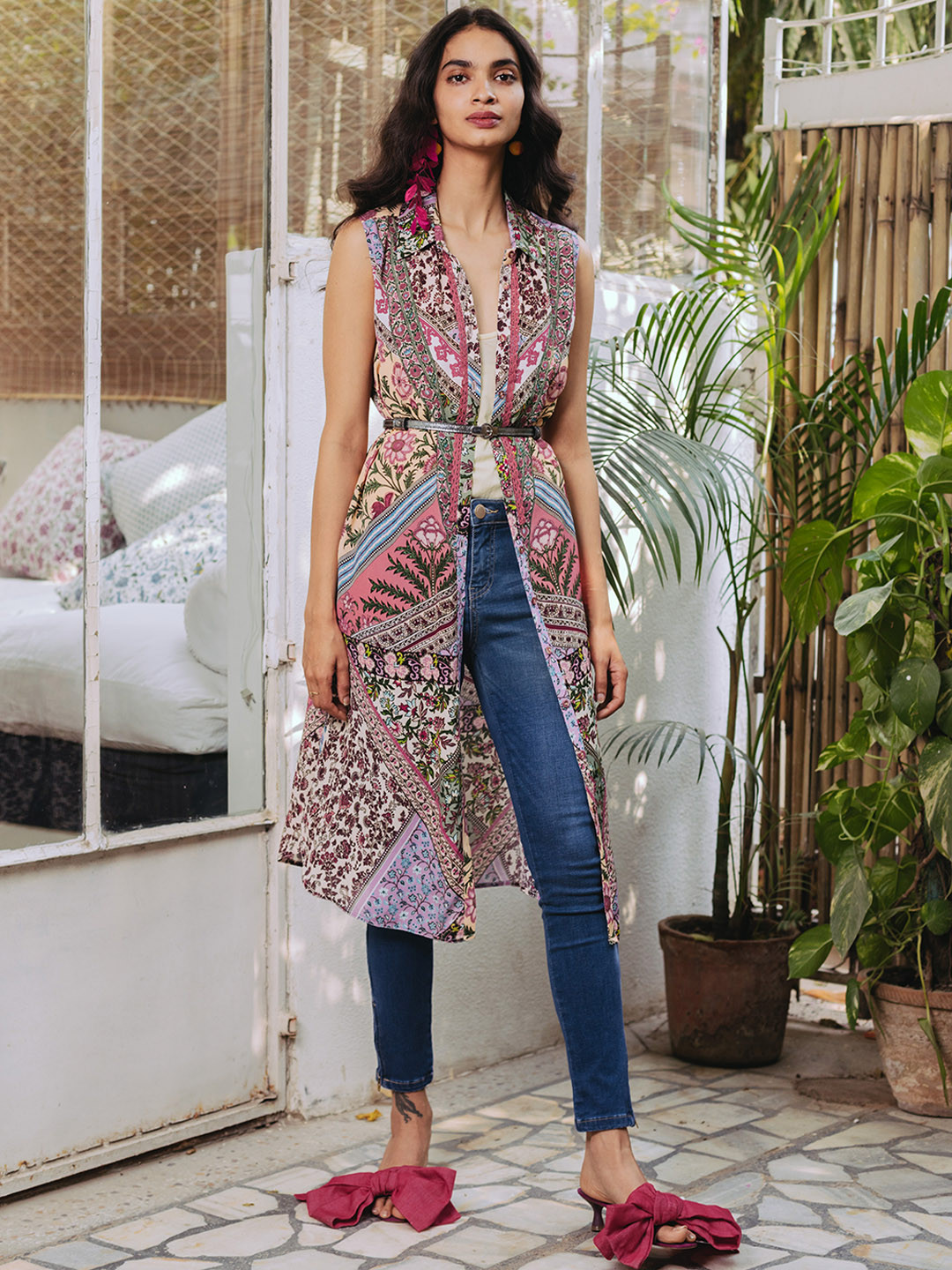

aarke Ritu Kumar Peach Colored & Green Ethnic Motifs Shirt Style Dress