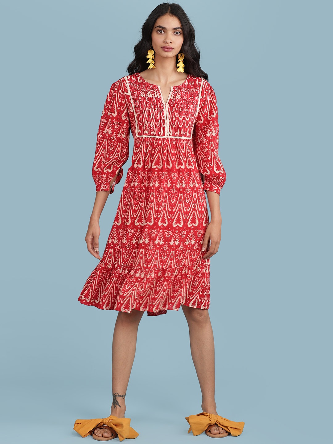 

aarke Ritu Kumar Red & Off White Ethnic Motifs Gathered Tiered A-Line Dress