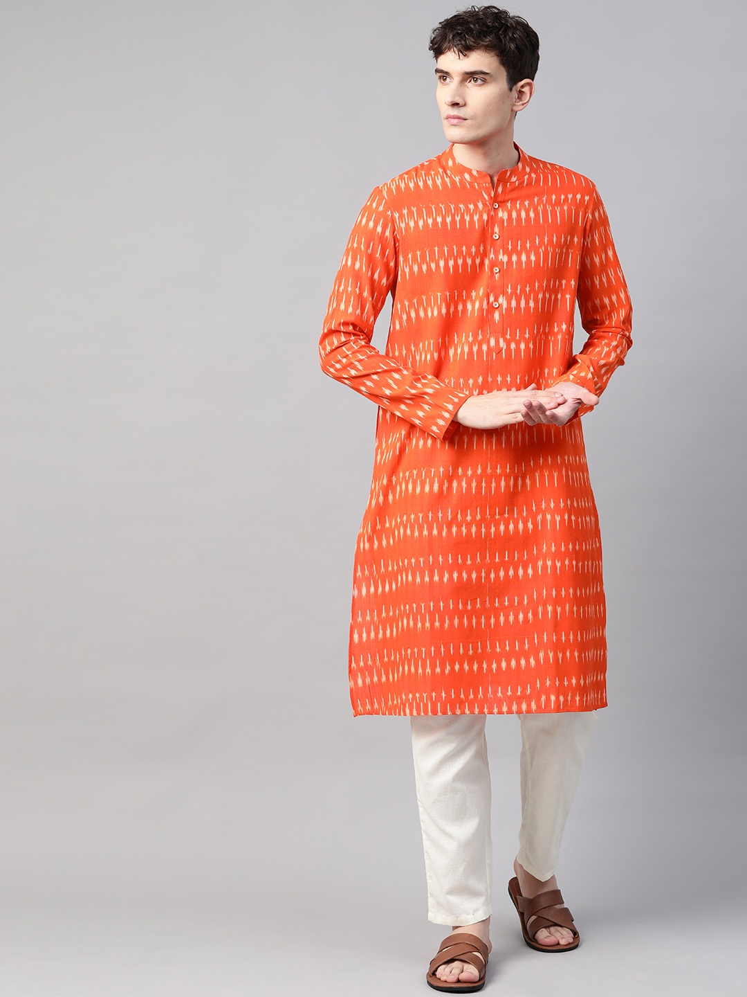 

See Designs Men Orange & White Ikat Woven Design Cotton Handloom Kurta
