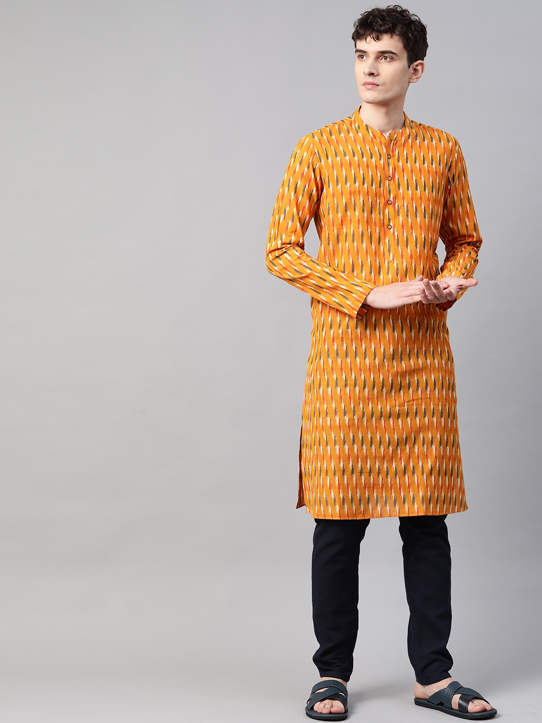 

See Designs Men Orange & Maroon Ikat Woven Design Pure Cotton Handloom Kurta