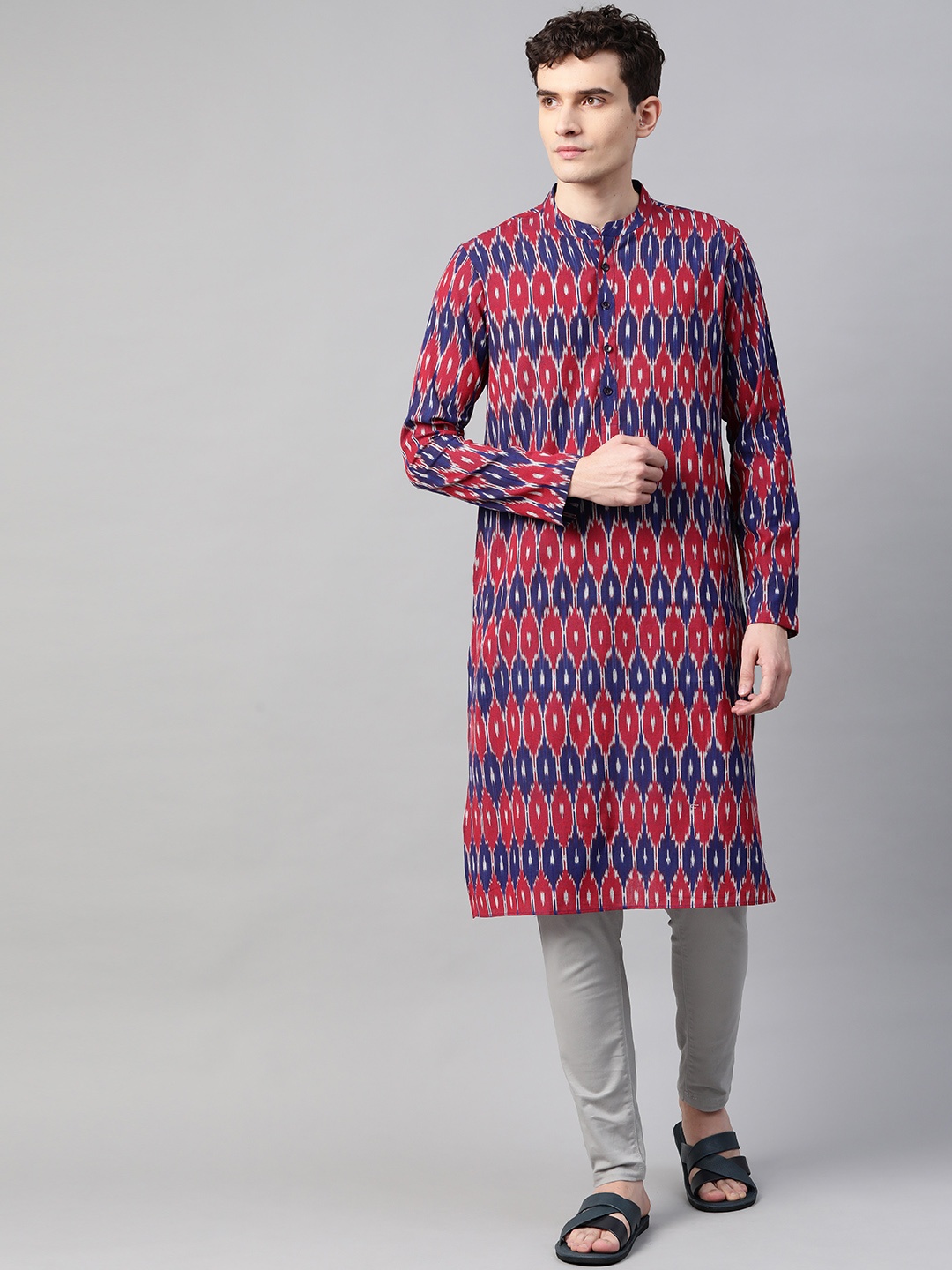 

See Designs Men Blue & Maroon Ikat Woven Design Pure Cotton Handloom Kurta
