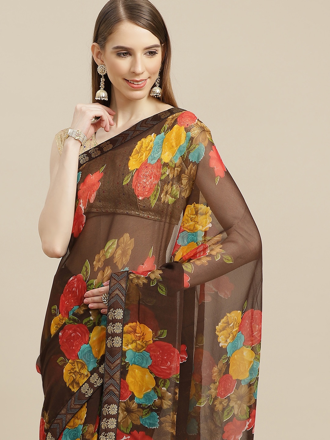 

Anouk Brown & Yellow Floral Pure Georgette Bhagalpuri Saree