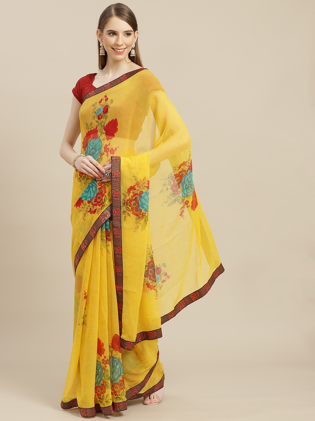 

Anouk Mustard Yellow & Coral Red Floral Pure Georgette Bhagalpuri Saree