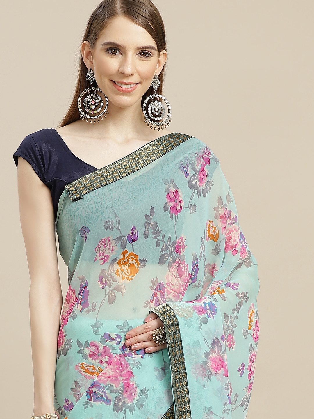 

Anouk Blue & Pink Floral Pure Georgette Bhagalpuri Saree