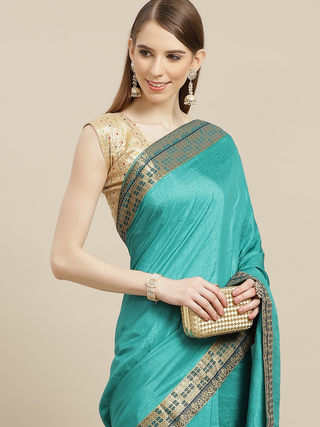 

Anouk Green Solid Bhagalpuri Saree