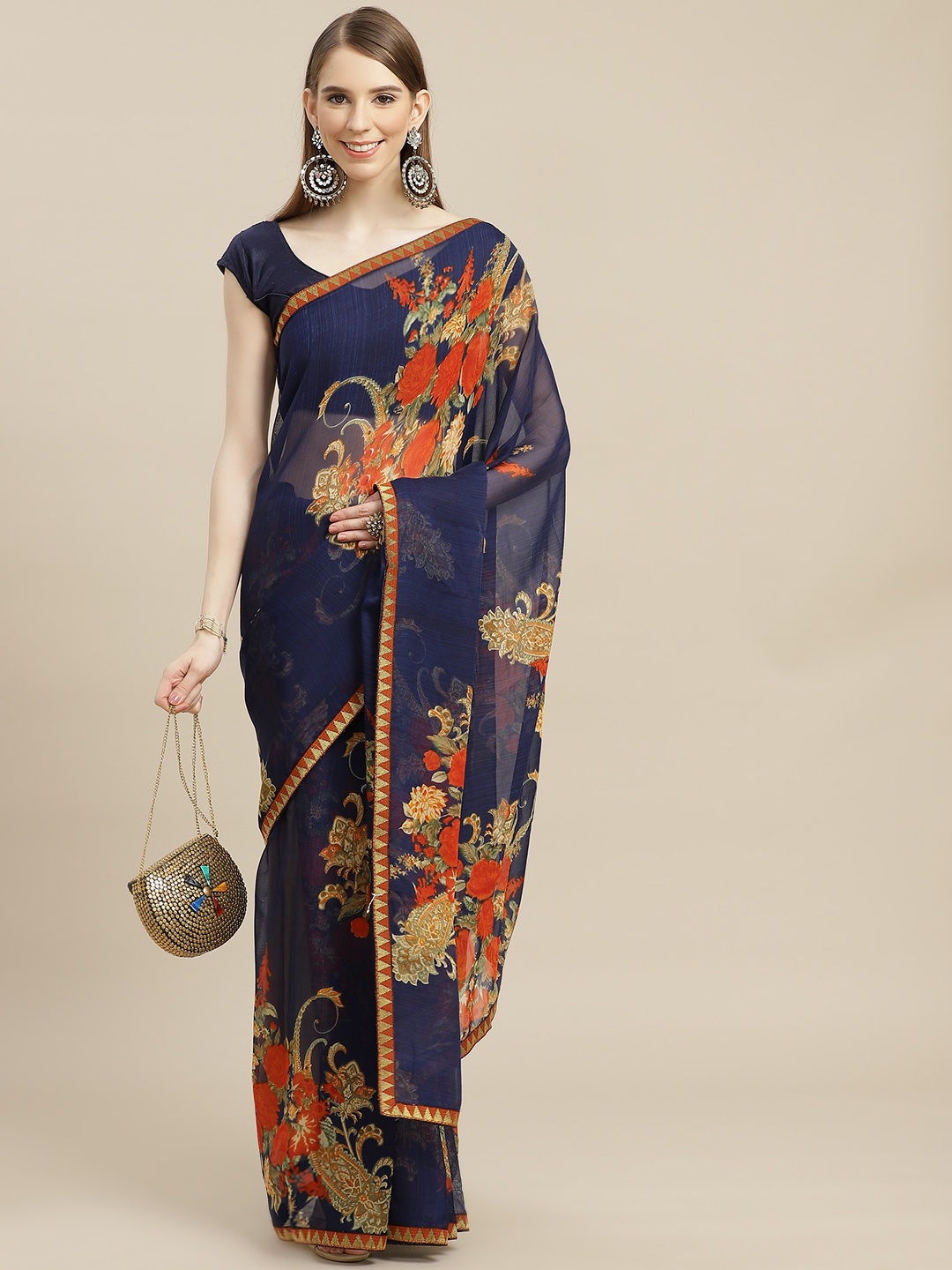 

Anouk Women Navy Blue & Rust Orange Ethnic Motifs Pure Georgette Bhagalpuri Saree