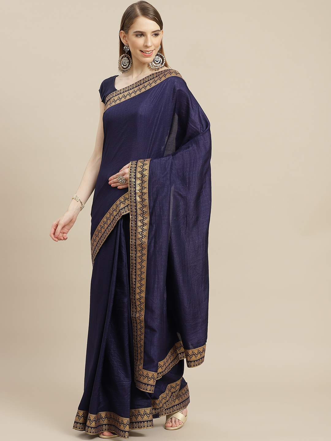 

Anouk Navy Blue Solid Bhagalpuri Saree
