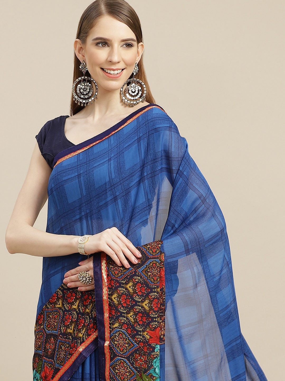 

Anouk Navy Blue & Red Ethnic Motifs Pure Georgette Bhagalpuri Saree