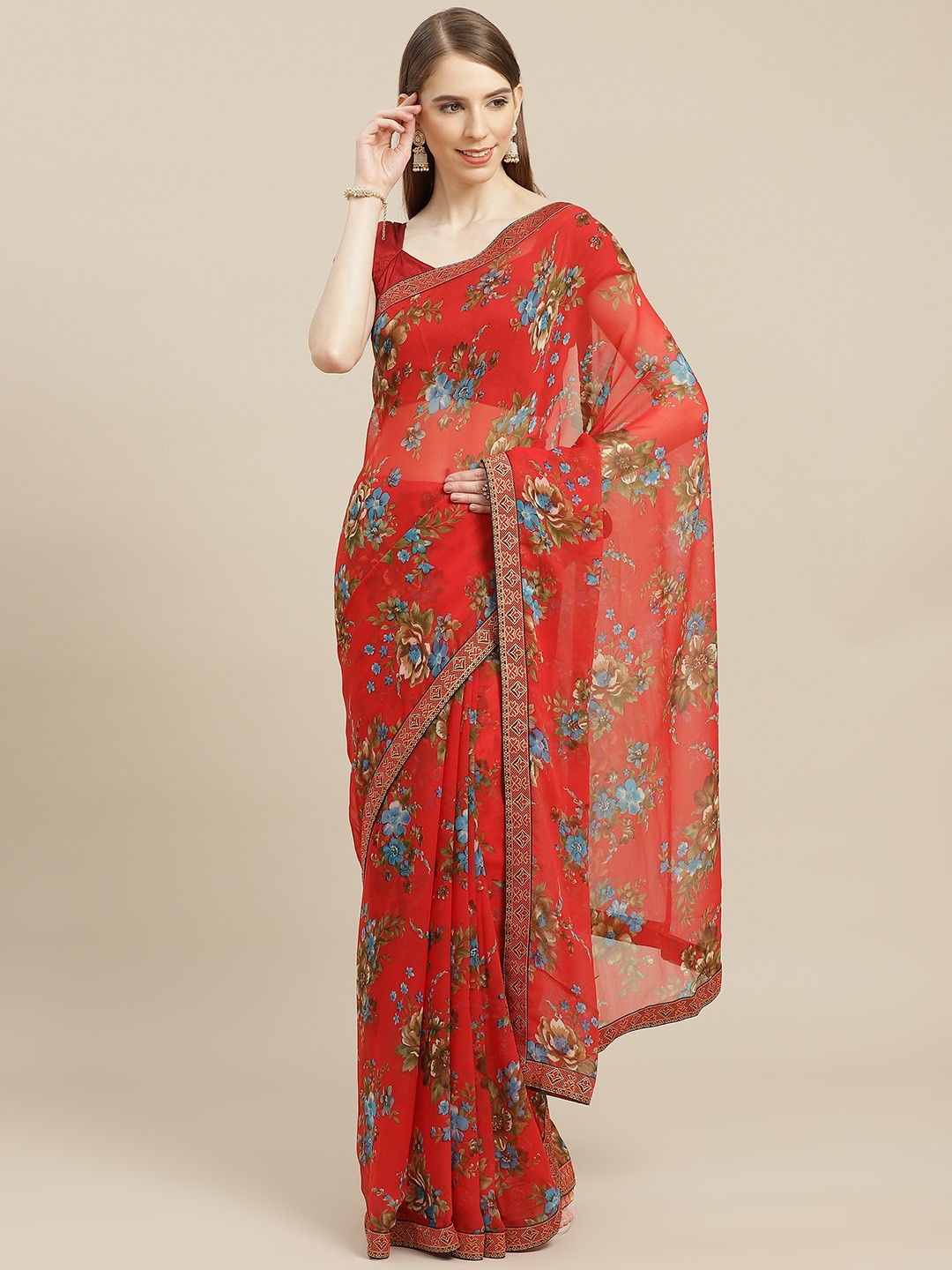 

Anouk Red & Blue Floral Pure Georgette Bhagalpuri Saree