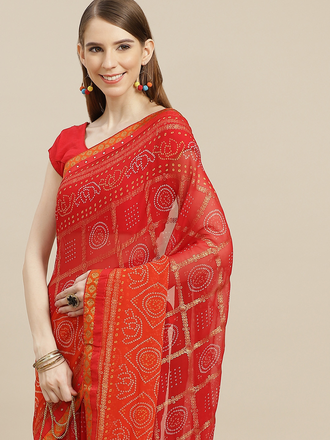 

Anouk Red & Orange Bandhani Pure Georgette Bhagalpuri Saree
