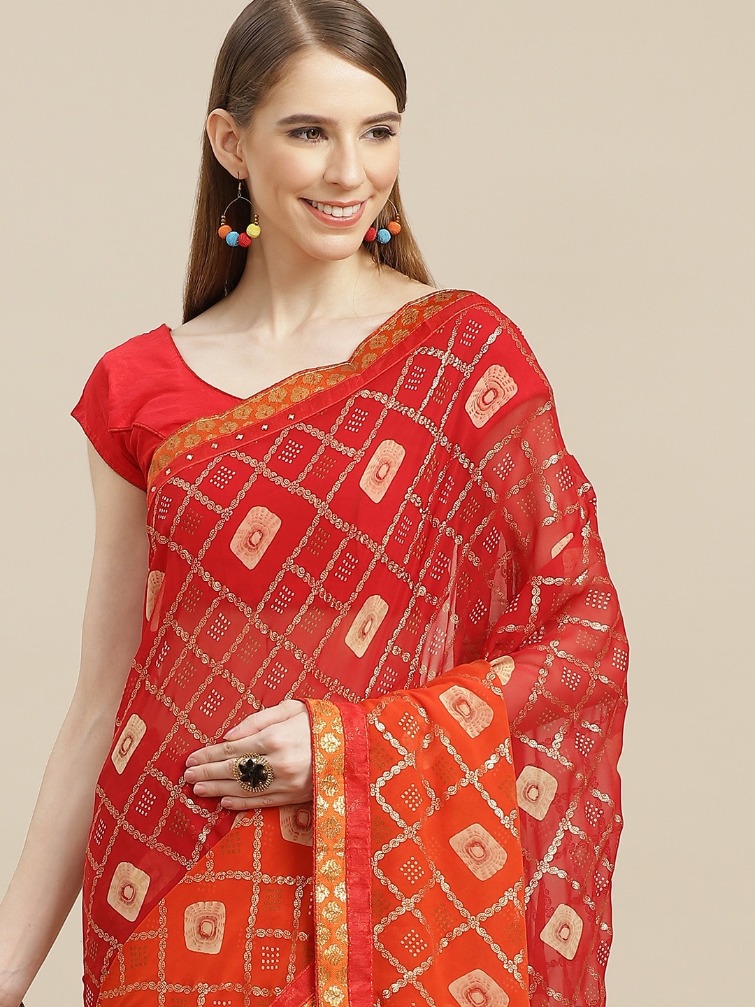 

Anouk Red & Golden Pure Georgette Bhagalpuri Saree