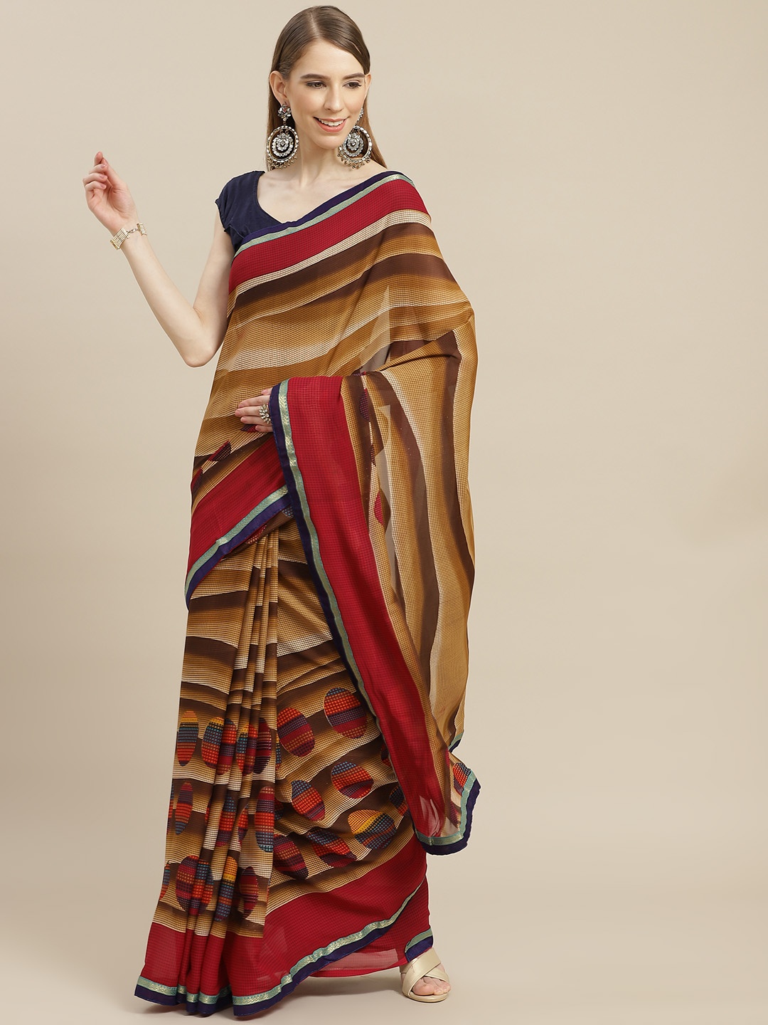 

Anouk Brown & Red Pure Georgette Bhagalpuri Saree