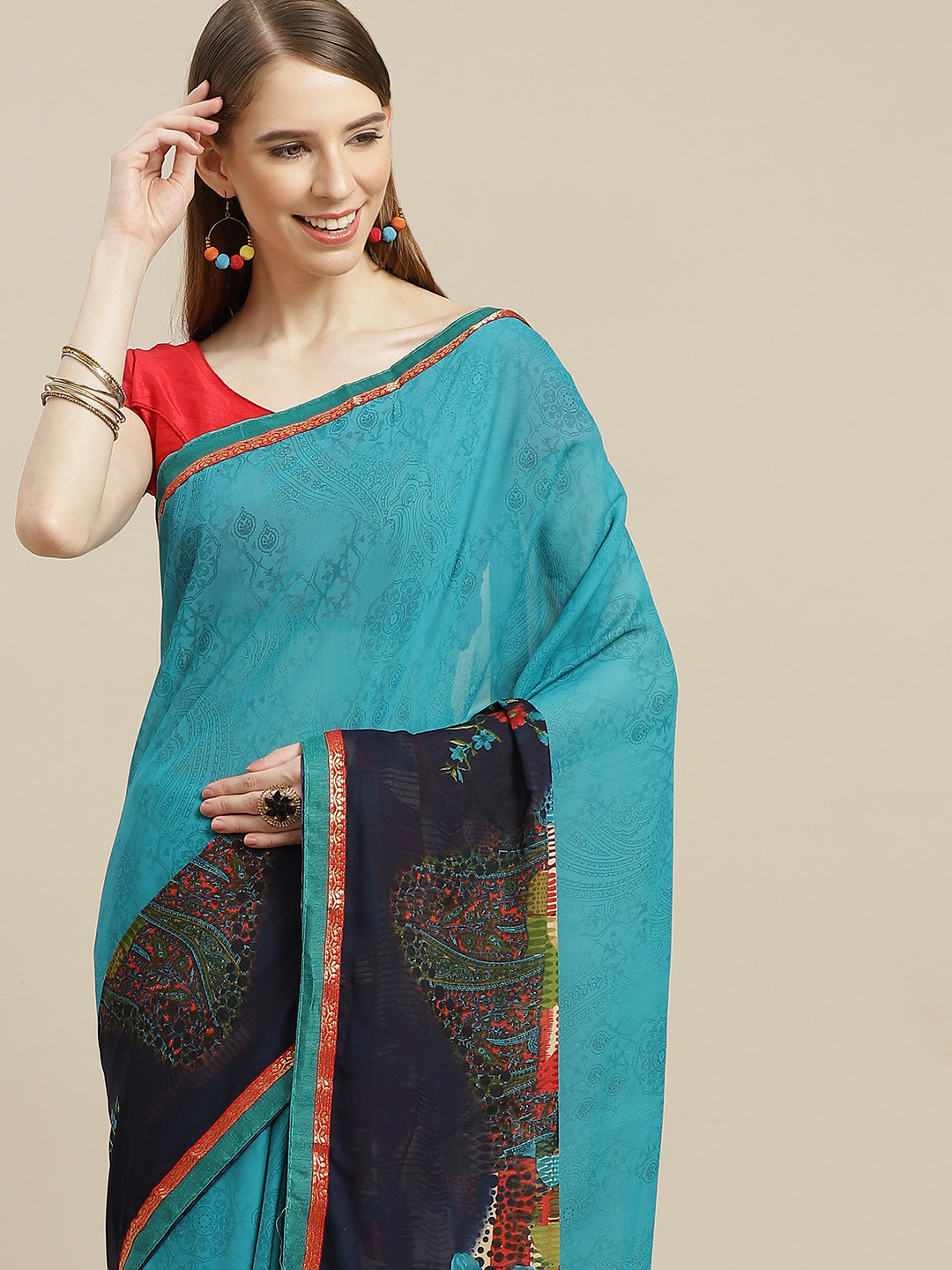 

Anouk Blue & Red Ethnic Motifs Pure Georgette Bhagalpuri Saree