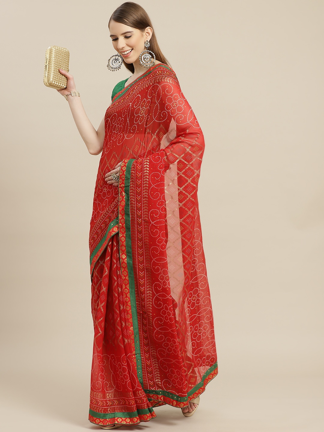 

Anouk Red & White Ethnic Motifs Print Beads Bhagalpuri Saree