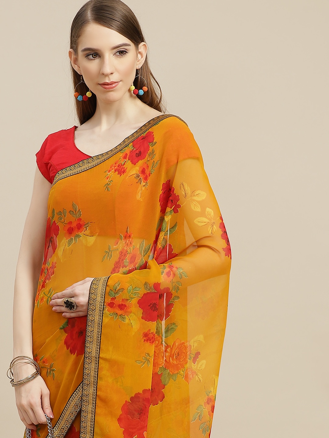 

Anouk Mustard Orange & Red Ethnic Motifs Print Bhagalpuri Saree
