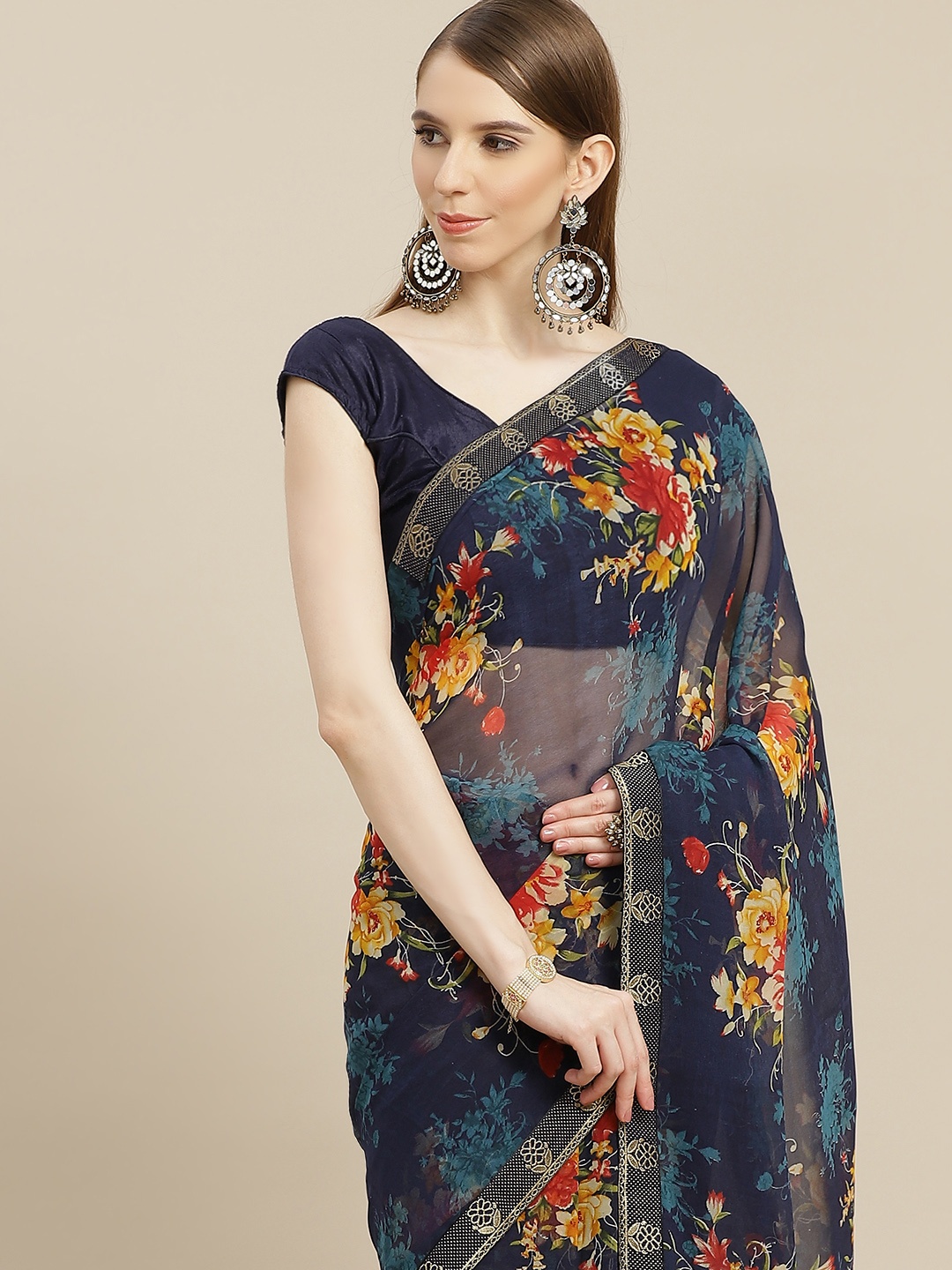 

Anouk Navy Blue & Mustard Yellow Ethnic Motifs Printed Bhagalpuri Saree