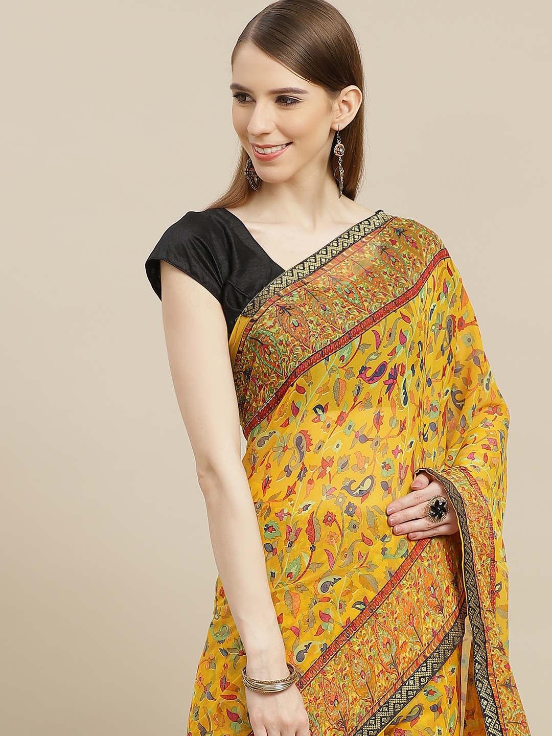 

Anouk Mustard Yellow & Green Ethnic Motifs Print Bhagalpuri Saree