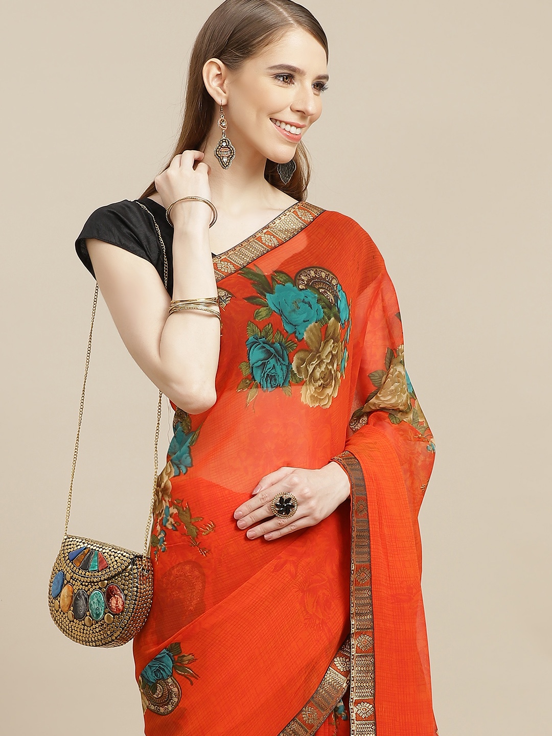 

Anouk Orange & Teal Ethnic Motifs Print Bhagalpuri Saree