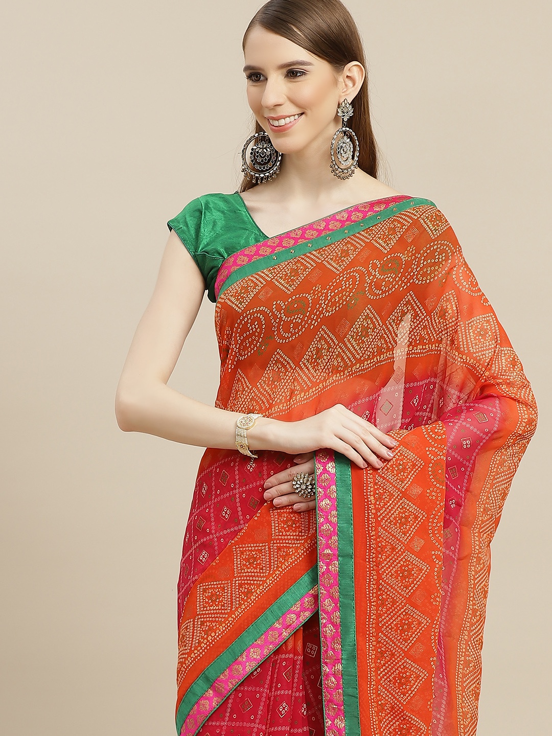 

Anouk Orange & Red Ethnic Motifs Print Beads Bhagalpuri Saree