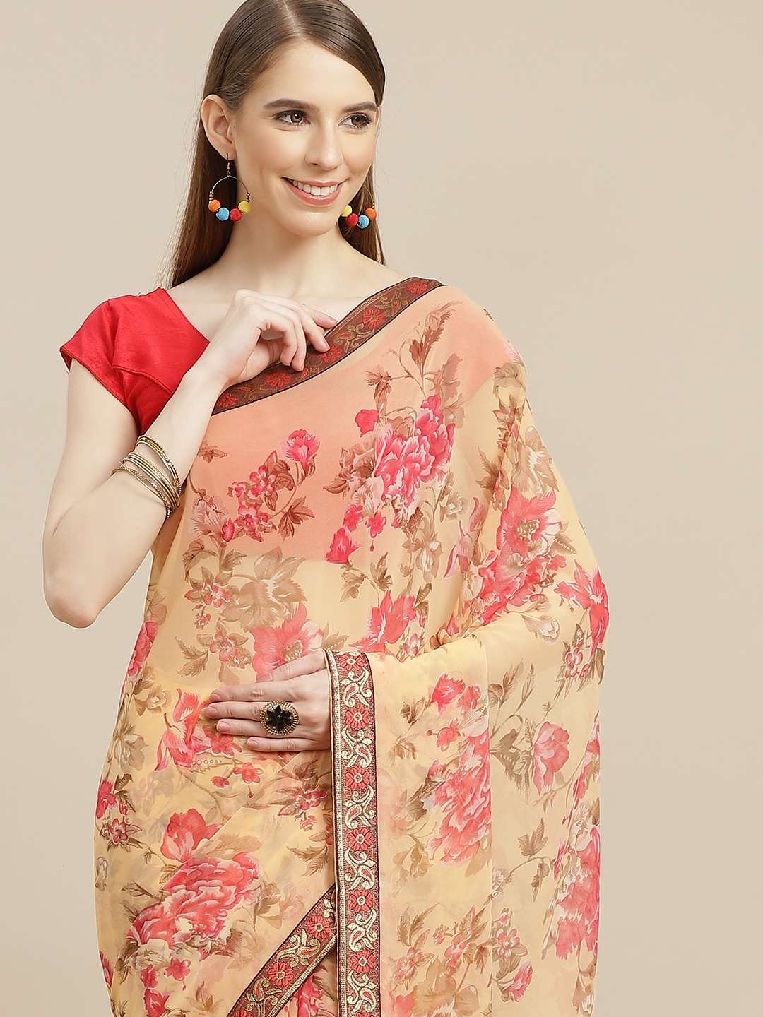

Anouk Beige & Pink Floral Pure Georgette Saree