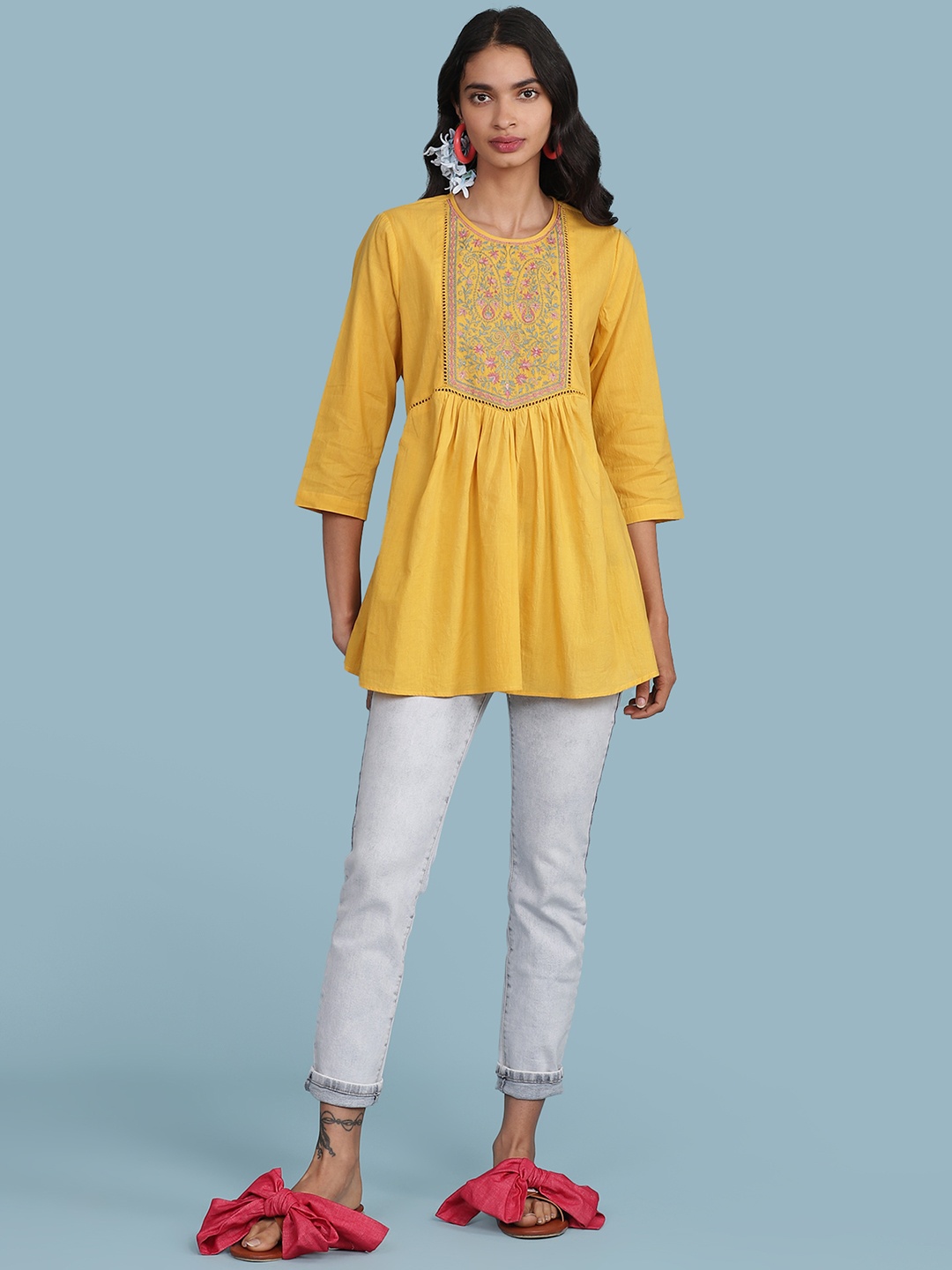 

aarke Ritu Kumar Yellow & Blue Ethnic Motifs Yoke Design Pleated Kurti