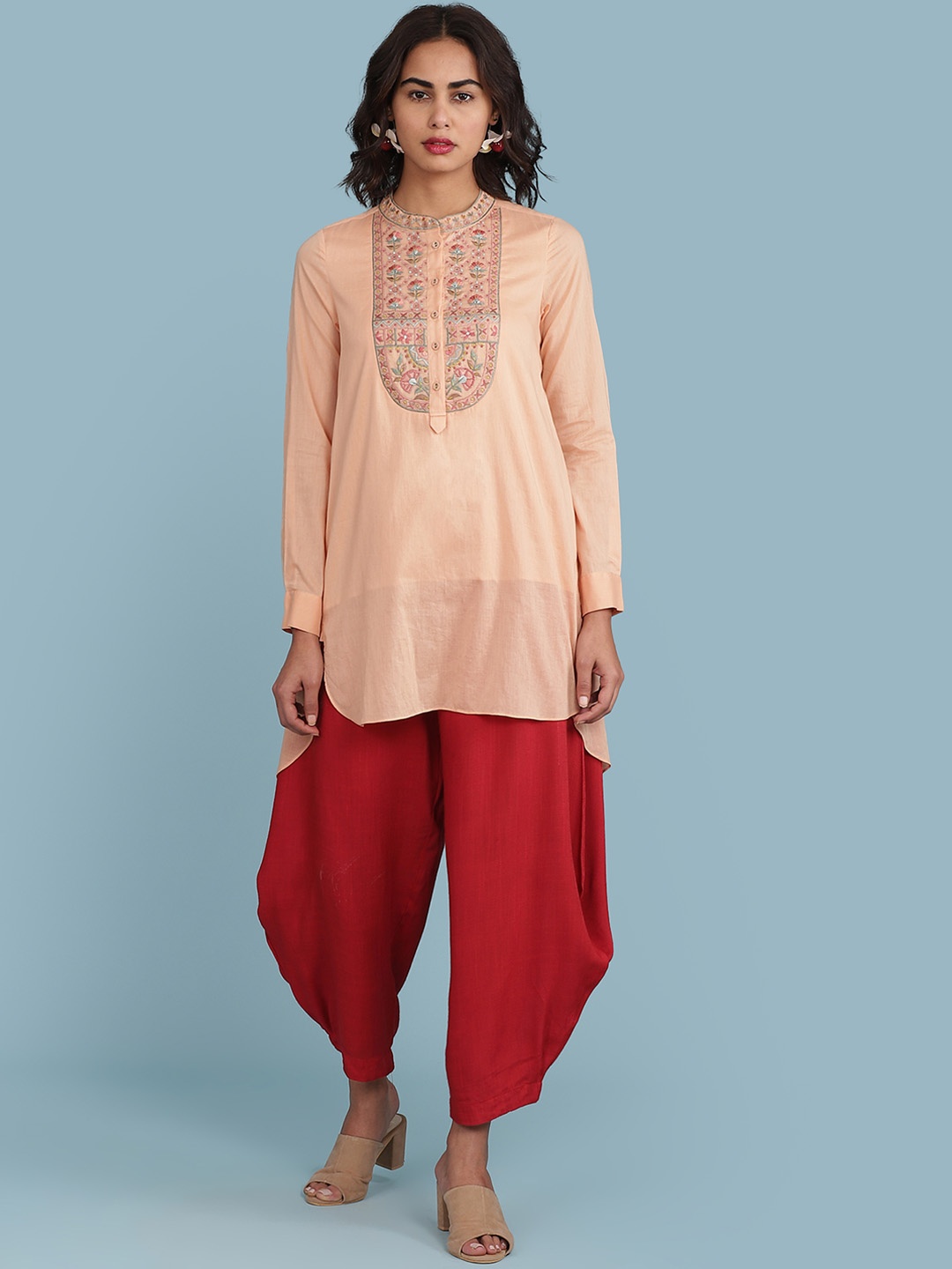 

aarke Ritu Kumar Peach & Green Ethnic Motifs Yoke Design Pure Cotton Kurti