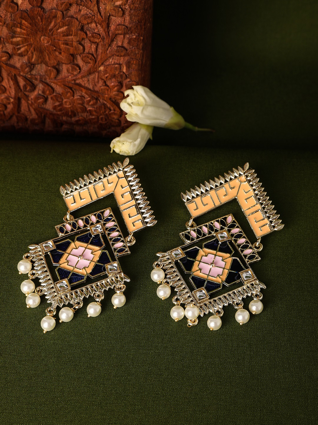 

AccessHer Gold-Plated & Blue Geometric Drop Earrings