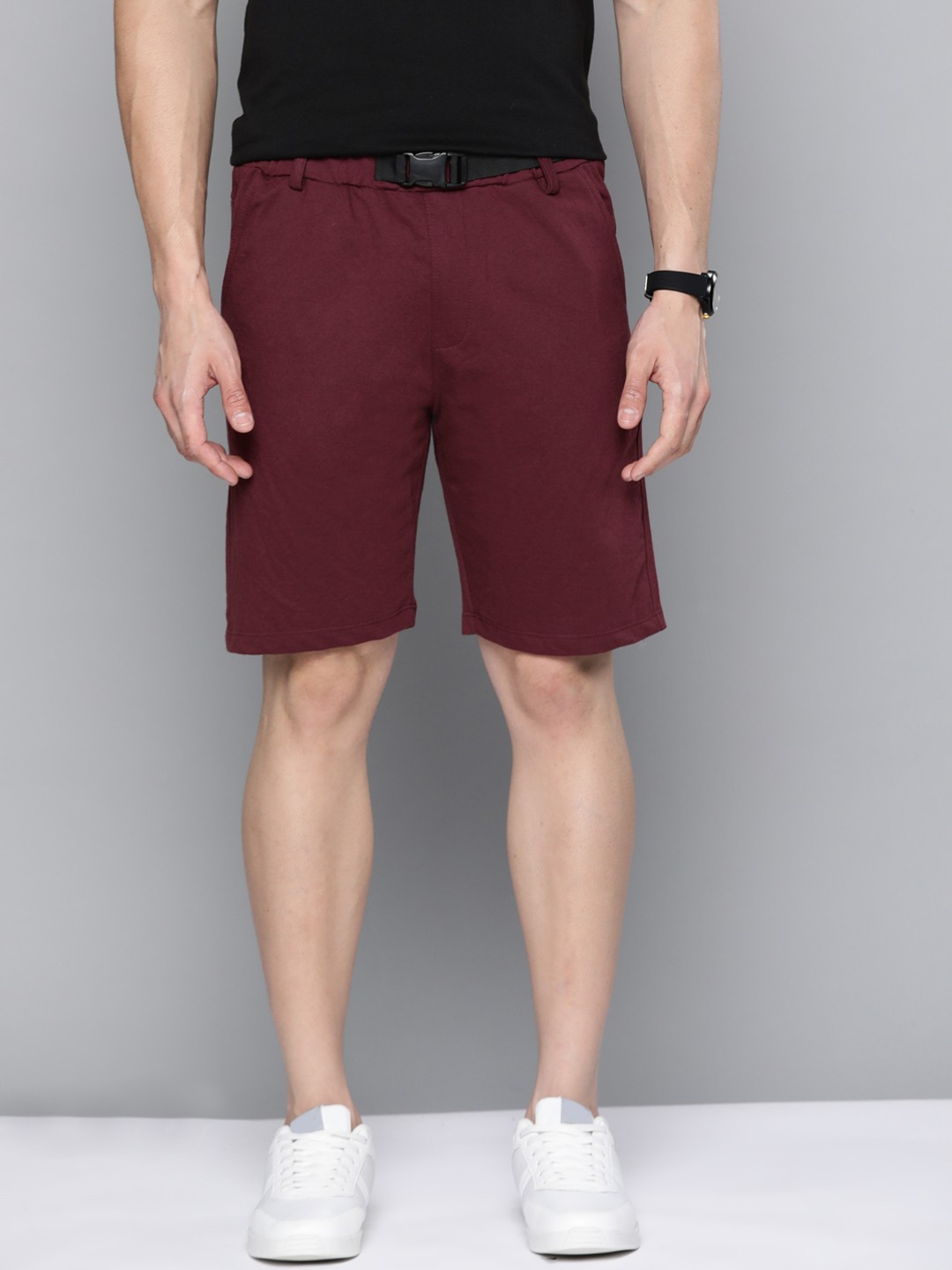 

Mast & Harbour Men Maroon Solid Shorts With Buckle Belt Detail