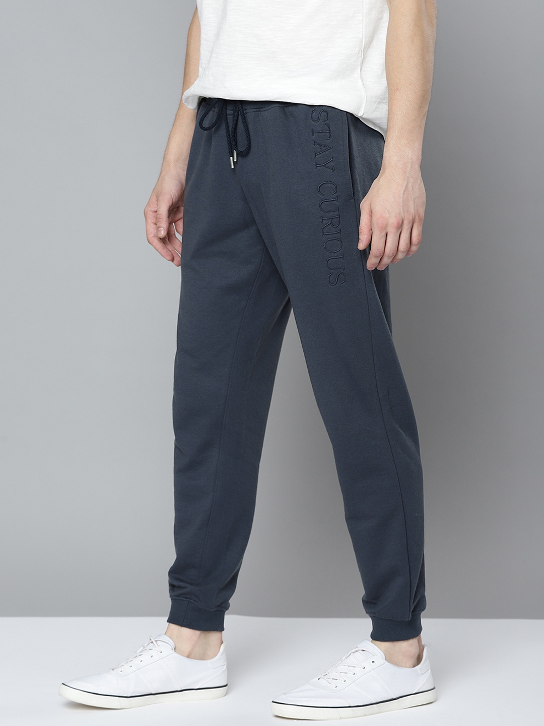 

M&H Easy Men Navy Blue Typography Embroidered Pure Cotton Joggers