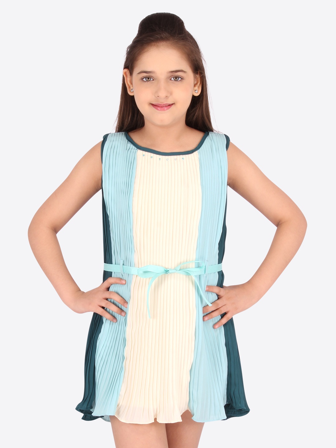 

CUTECUMBER Turquoise Blue & Off White Colourblocked Georgette A-Line Dress