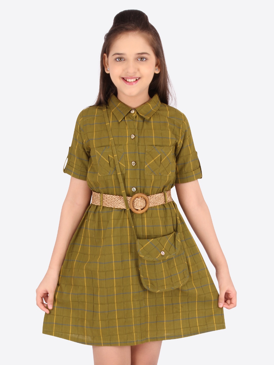 

CUTECUMBER Green Checked Cotton Shirt Dress