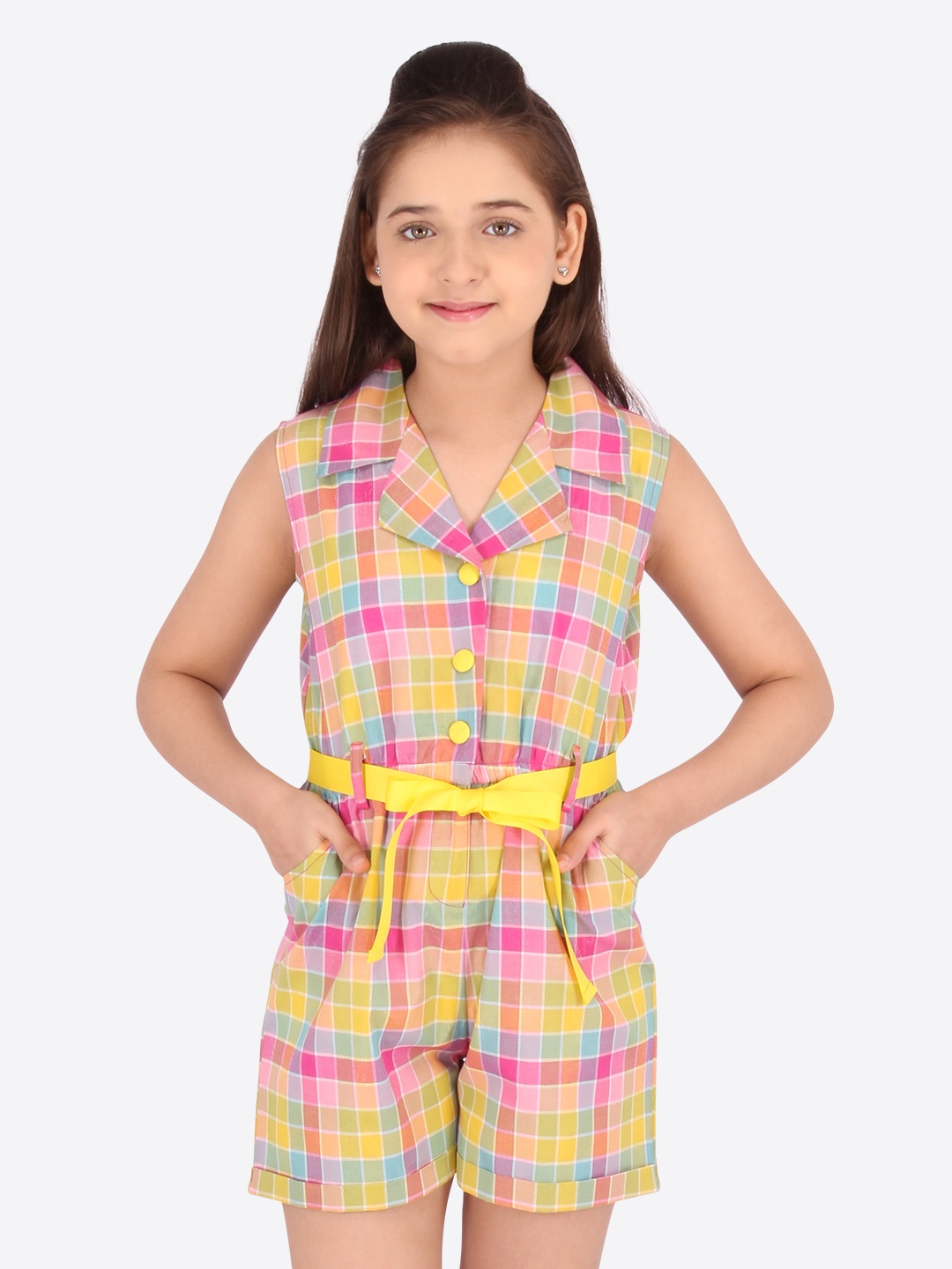

CUTECUMBER Girls Yellow & Pink Checked Cotton Playsuit