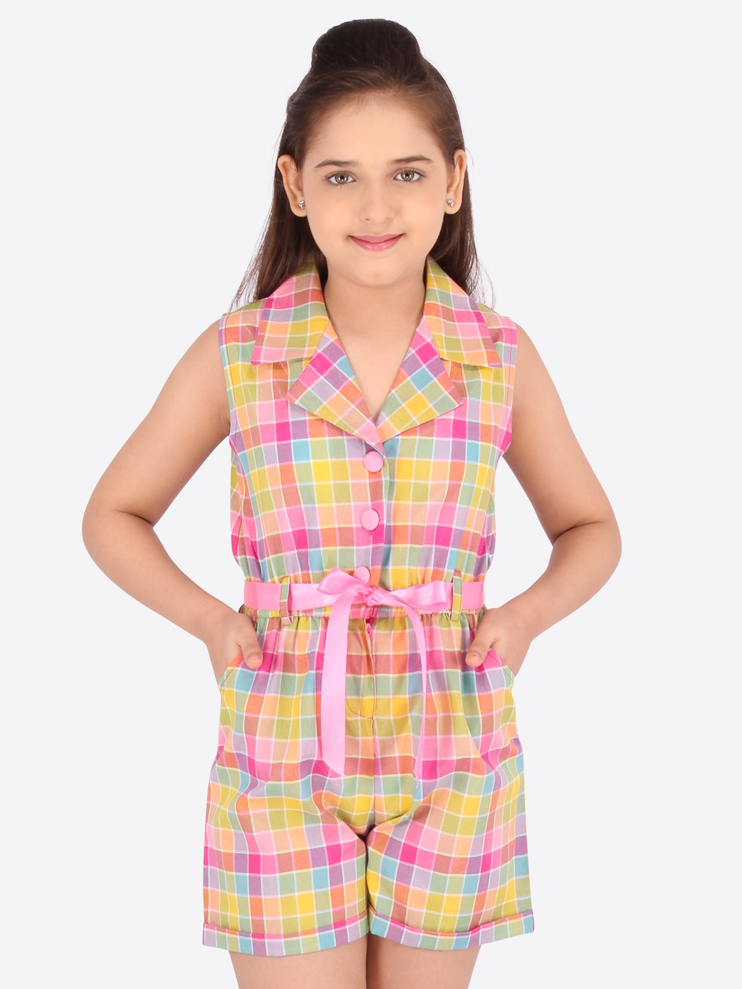 

CUTECUMBER Girls Pink & Yellow Checked Cotton Playsuit