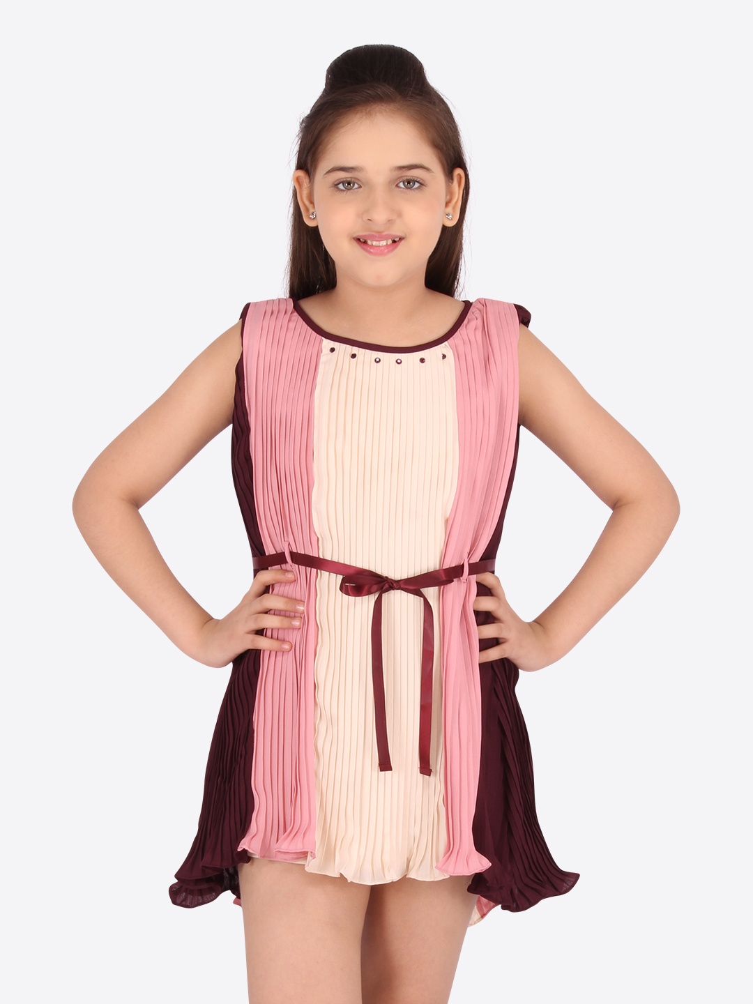 

CUTECUMBER Girls Maroon & Pink Colourblocked Georgette Sheath Dress