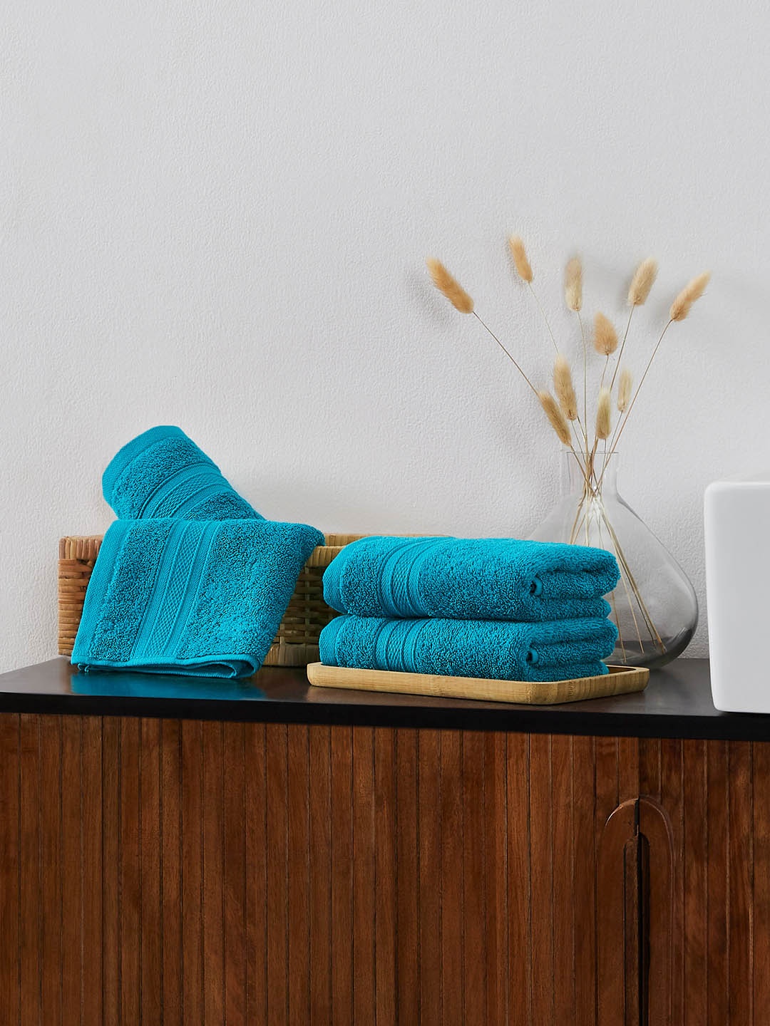 

MYTRIDENT Teal Blue Set of 4 Soft Plush Cotton Hand Towel