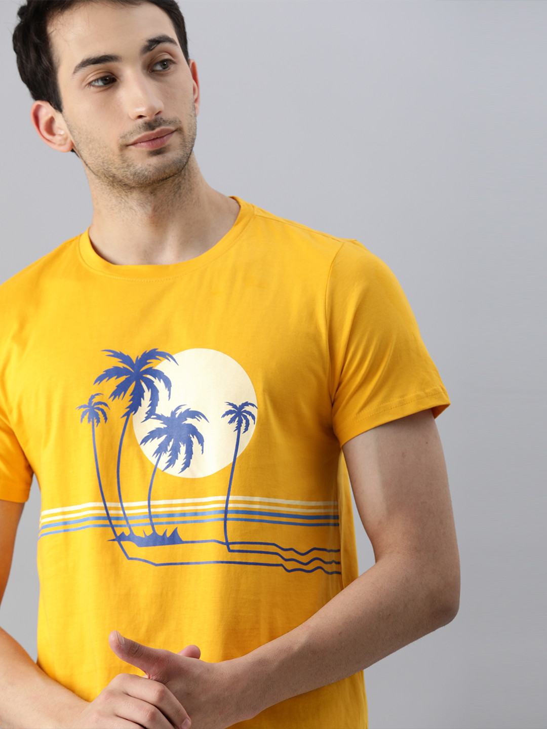 

Mast Harbour Men Yellow Blue Typography Indiana Pacers Printed Tropical Pure Cotton T-shirt