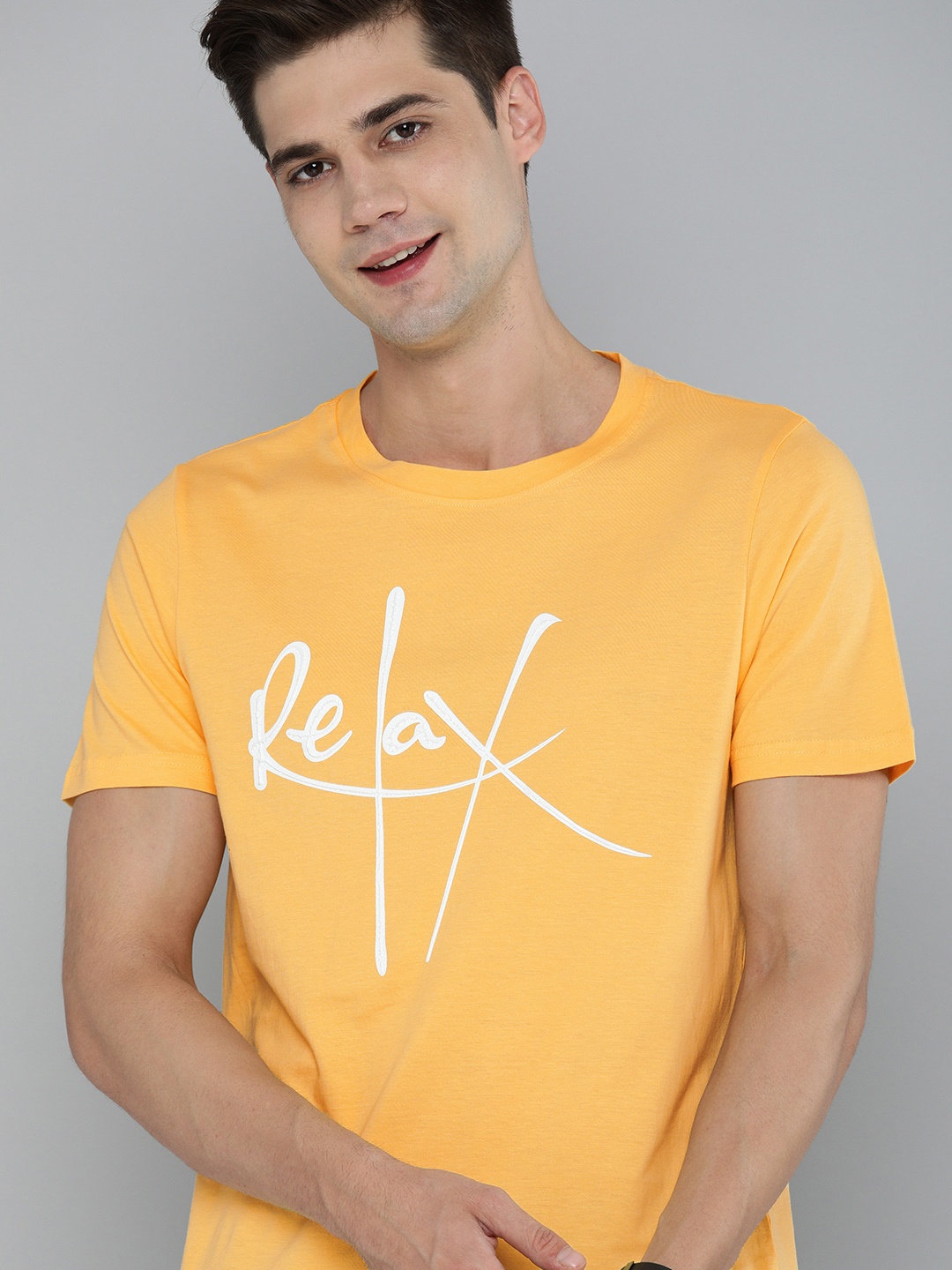 

Mast Harbour Men Yellow Typography Printed Pure Cotton T-shirt