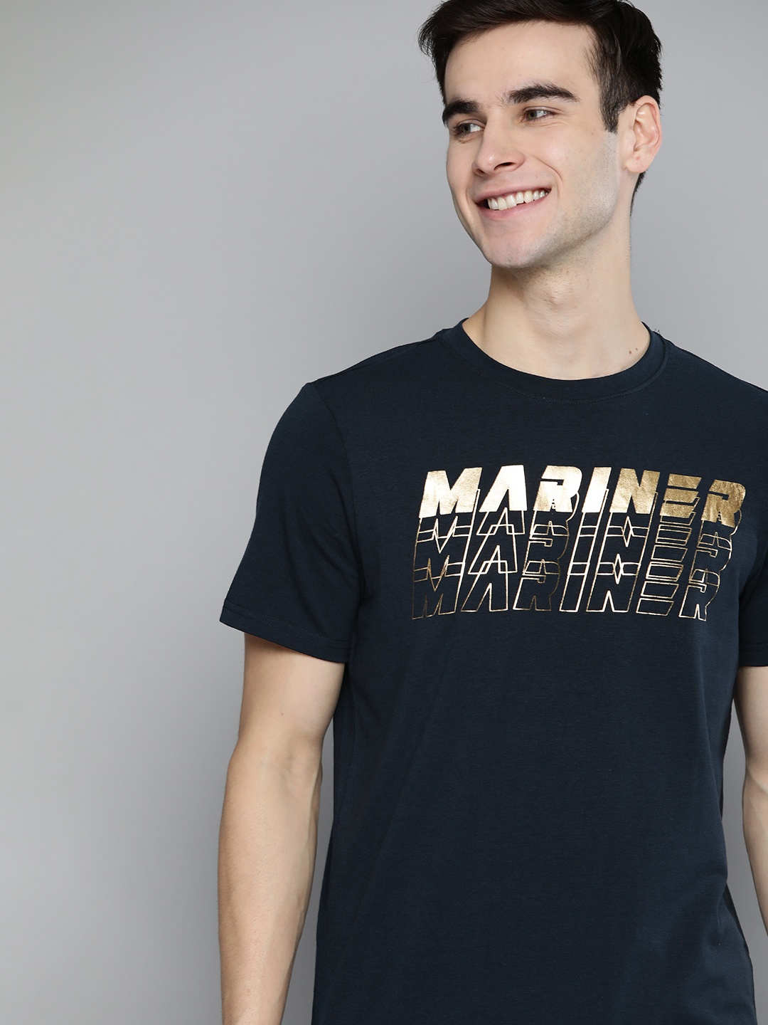 

Mast & Harbour Men Navy Blue & Golden Handcrafted Typography Printed T-shirt