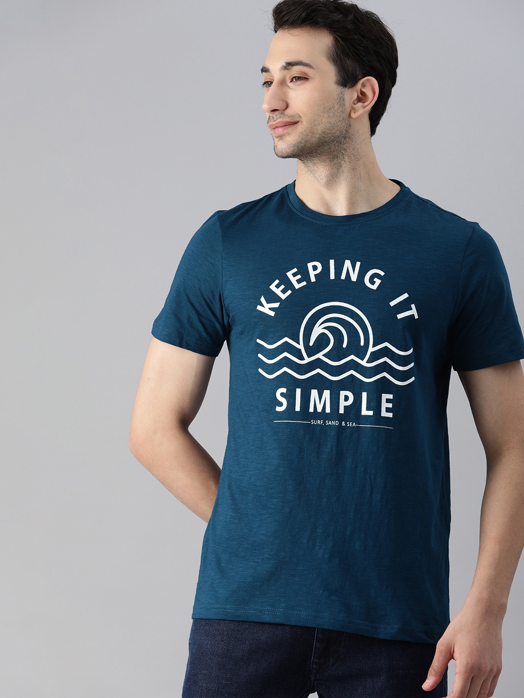 

Mast Harbour Men Navy Blue Typography Printed Pure Cotton T-shirt