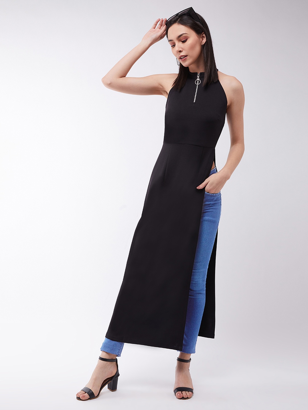 

Miss Chase Black Halter Neck Crepe Slitted Maxi Longline Top